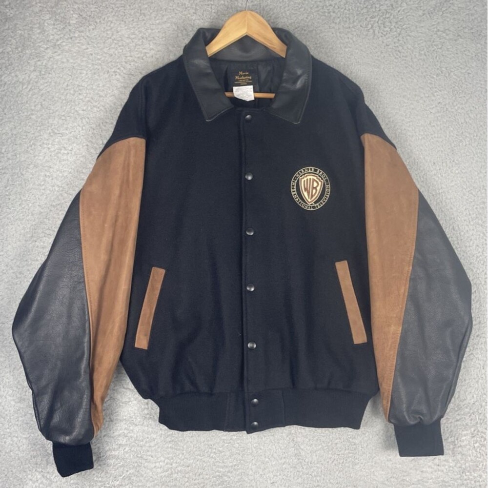 VTG 90s Warner Bros Bomber Varsity Jacket Wool Leather Mens XL Black Brown NWOT